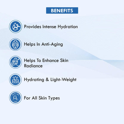 List of skincare product benefits on a blue background