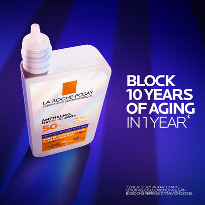 La Roche-Posay sunscreen bottle with promotional text on a blue background