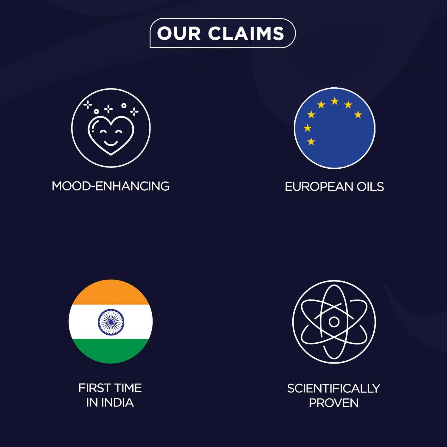 Set of icons and text on a dark background, including 'Mood-Enhancing', 'European Oils', 'First Time in India', and 'Scientifically Proven'.