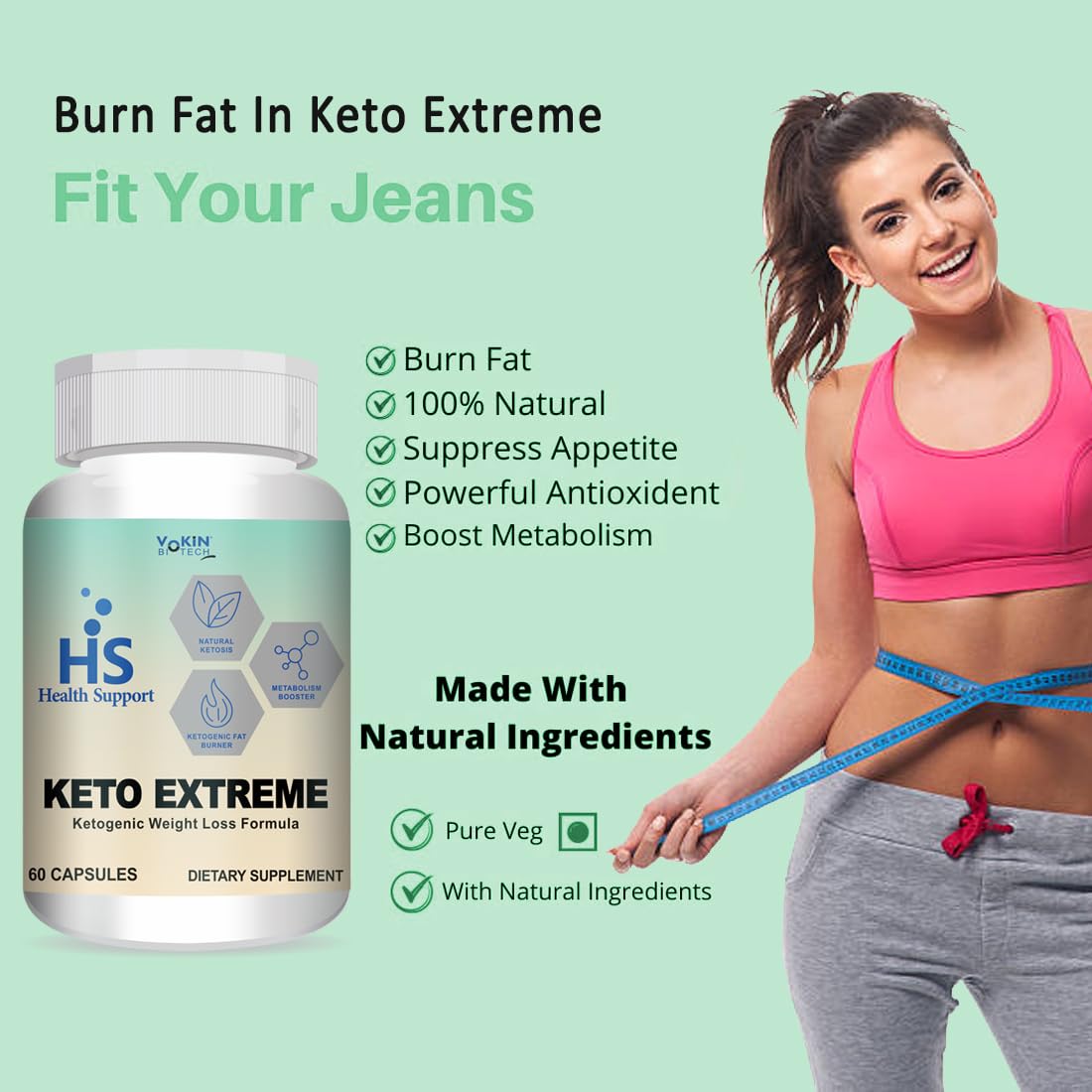 Keto Extreme supplement bottle with a woman measuring her waist on a light green background