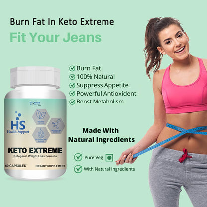 Keto Extreme supplement bottle with a woman measuring her waist on a light green background