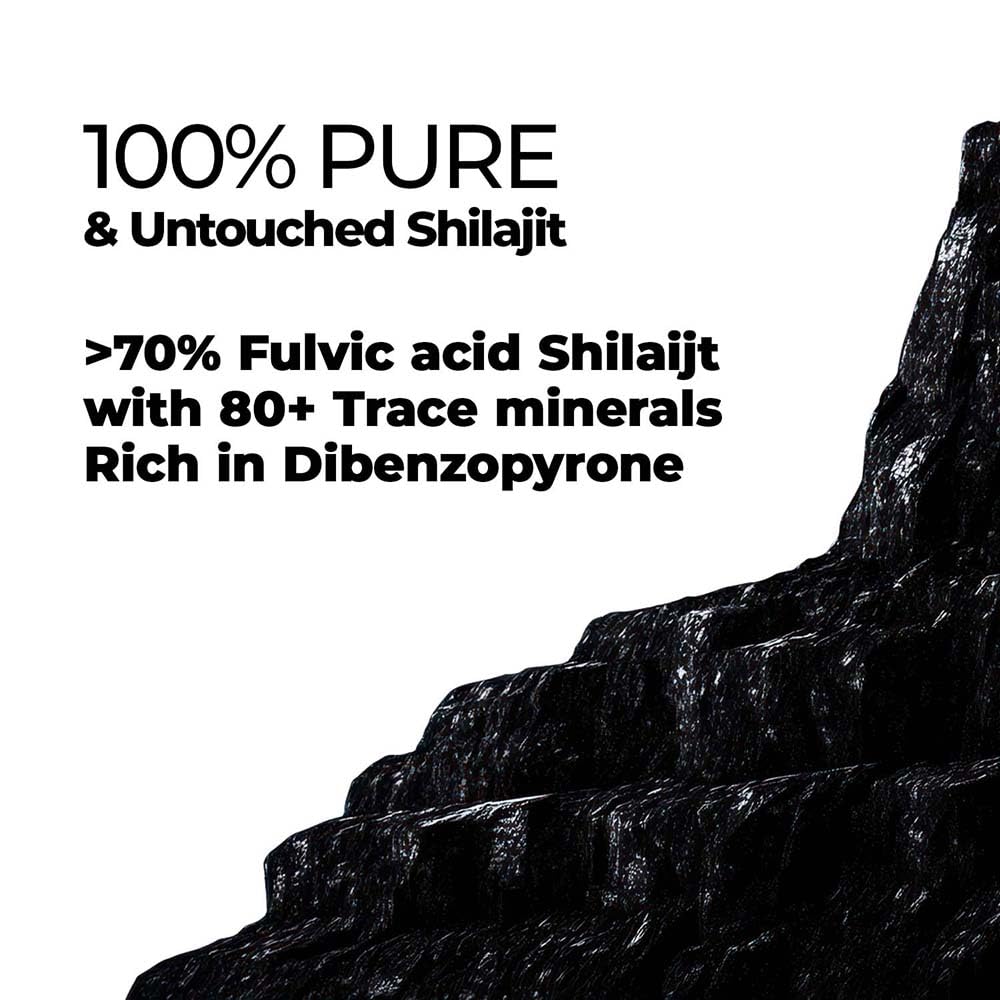 Black rock formation with text about 100% pure Shilajit on a white background