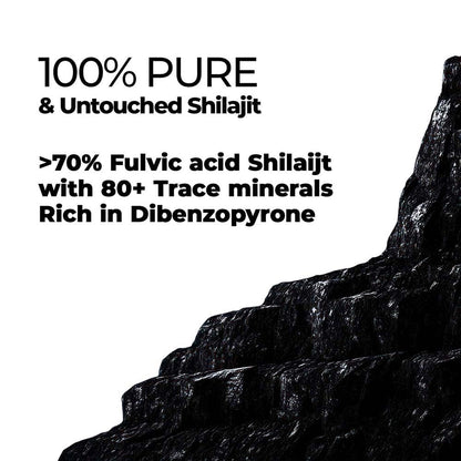 Black rock formation with text about 100% pure Shilajit on a white background