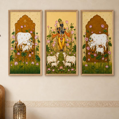 Set of 3 Krishna Cow Lotus Pichwai Wall Paintings with Sparkle Laminate, Premium Wooden Synthetic Frame, Religious Art for Living Room Pooja Temple Decor