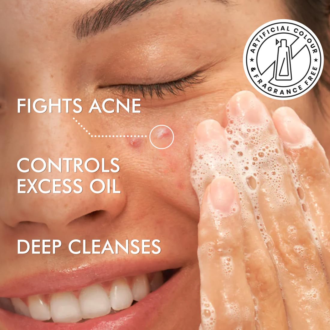 Person washing face with text highlighting skincare benefits