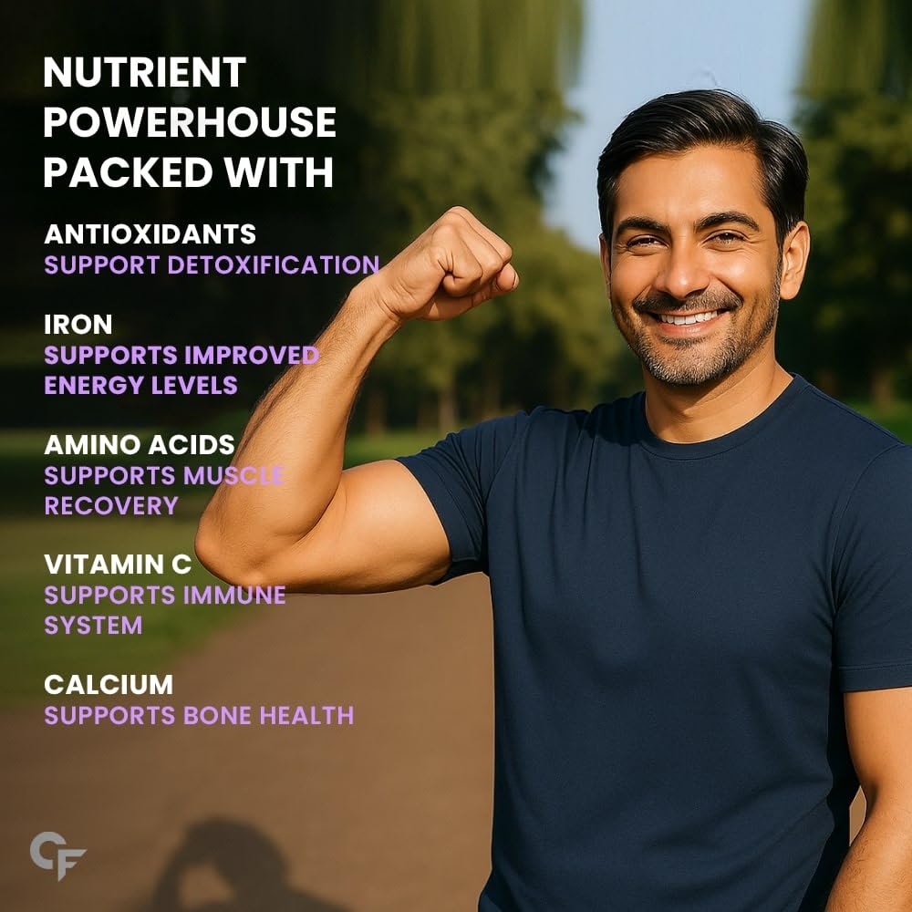 Man flexing his arm with nutritional benefits listed on a dark background