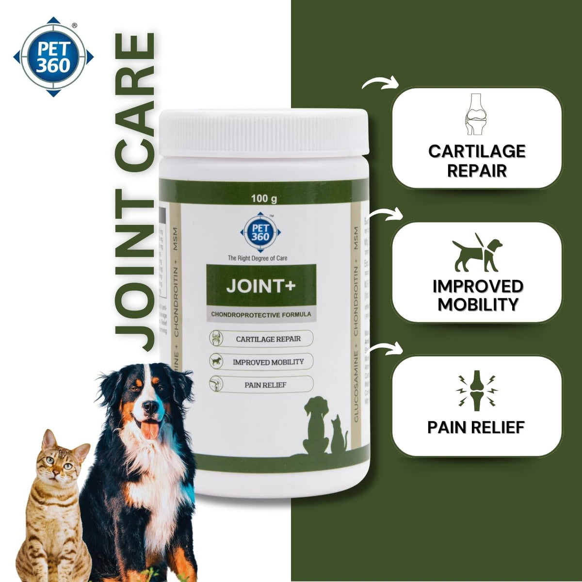 PET360 Joint+ Chondroprotective Formula - 100 gm | Hip, Joints, Cartilage Supplement for Dogs & Cats for Improved Mobility & Pain Relief with Glucosamine, Chondroitin, MSM | Suitable for All Breeds