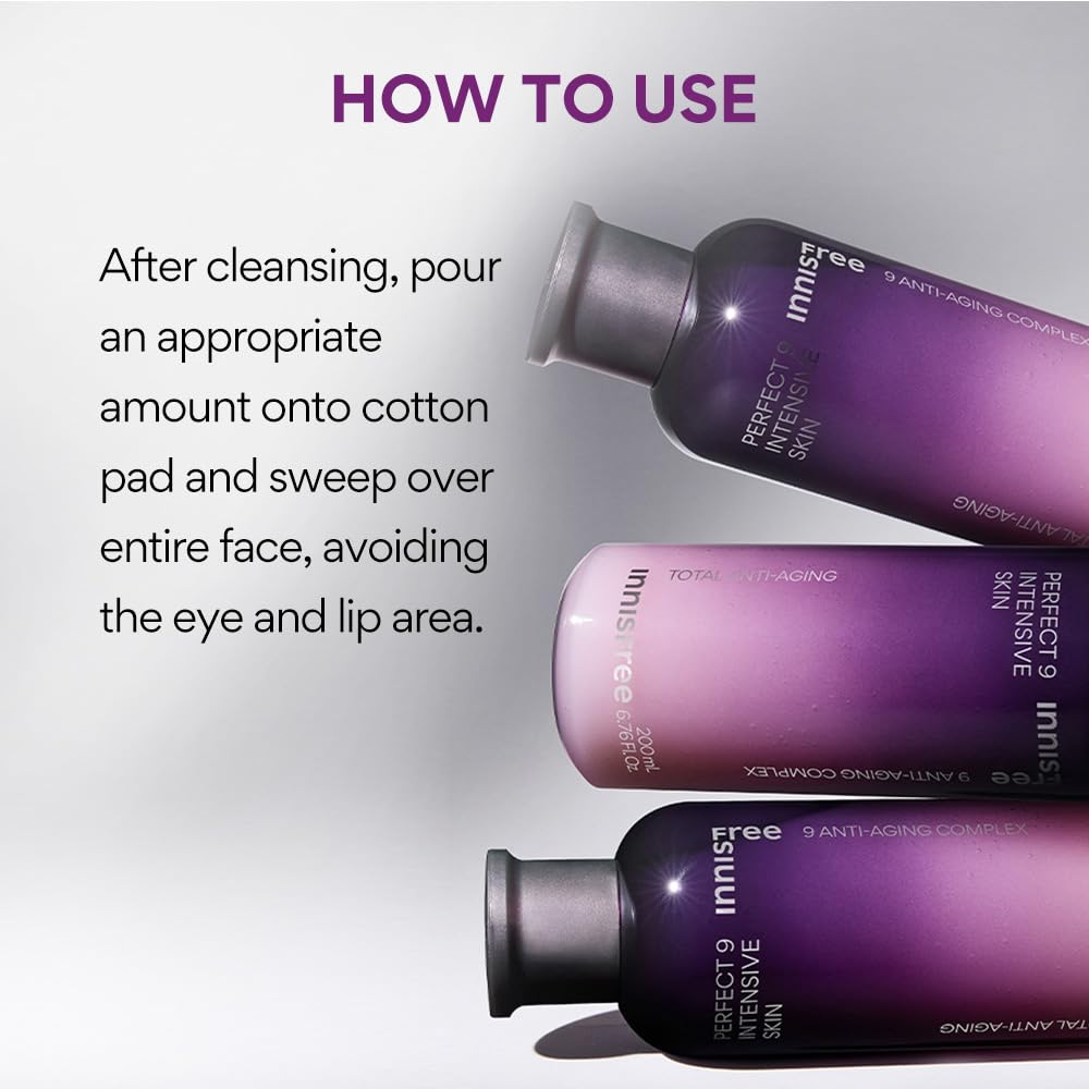 Innisfree Perfect 9 Intensive Repair Skin Anti-Aging Toner 200ml with 9 Active Jeju Ingredients - Korean Skincare for Firming, Hydrating, and Revitalizing Skin, Reduces Fine Lines & Wrinkles