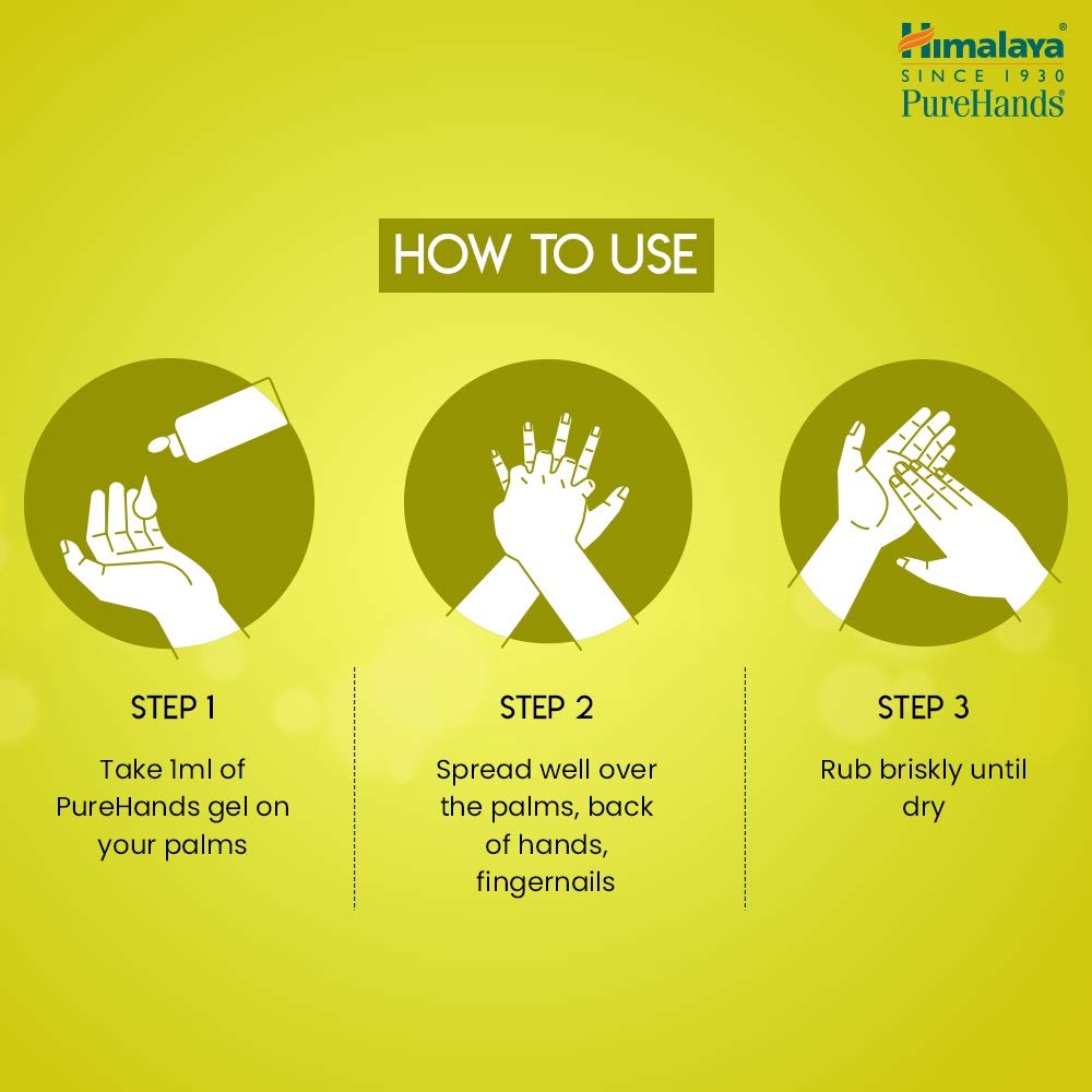 Instructions for using Himalaya PureHands gel on a green background