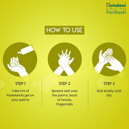 Instructions for using Himalaya PureHands gel on a green background