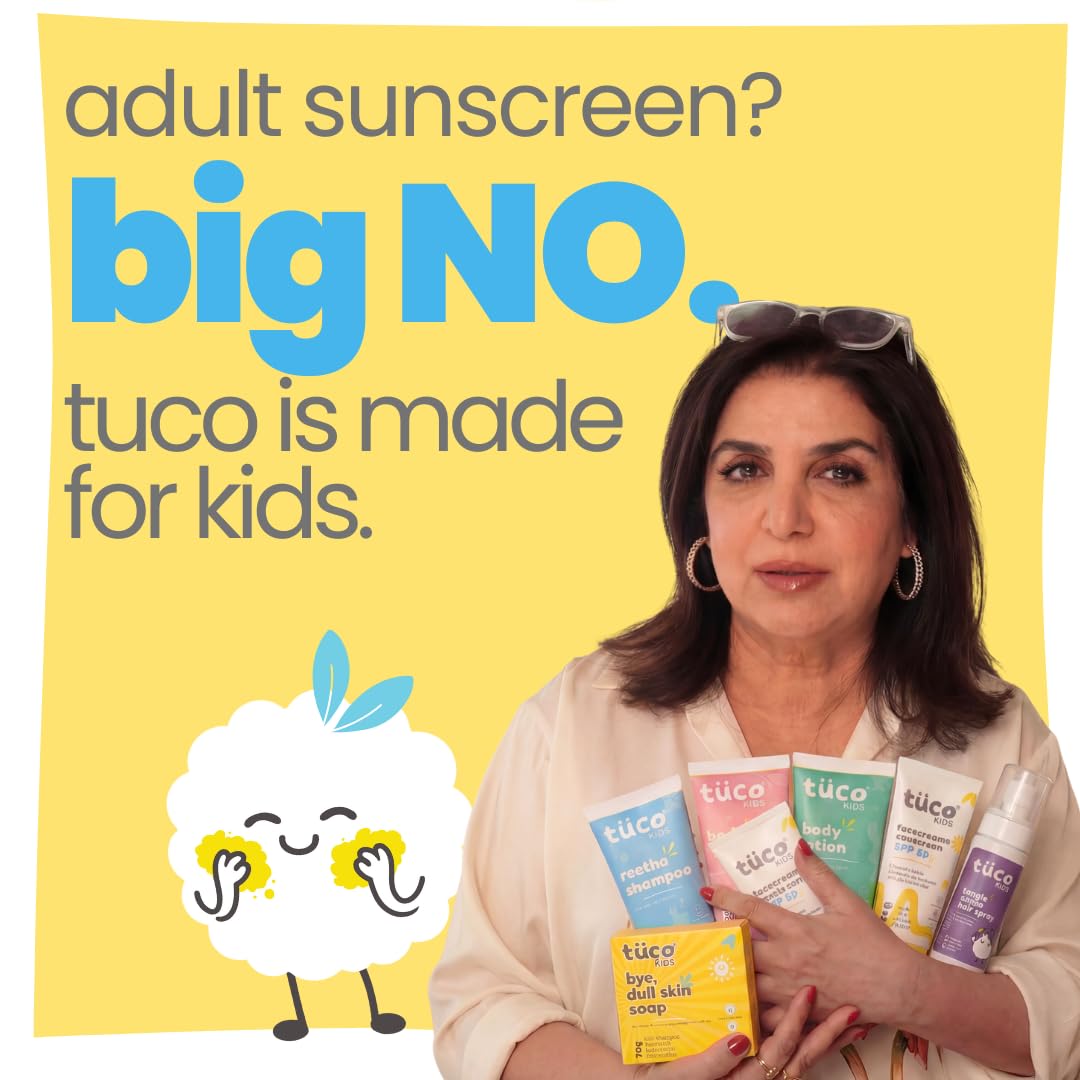 Advertisement for tuco sunscreen products with a woman holding the products against a yellow background.