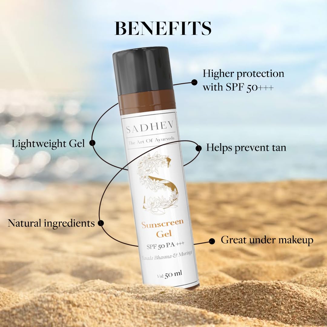 SADHEV Sunscreen Gel SPF 50 PA+++ Gel | Broad Spectrum UVA & UVB Protection | No White Cast | Non-Comedogenic | Reduces Pigmentation & Blemishes | Zinc Oxide, Moringa & Liquorice | 50ml