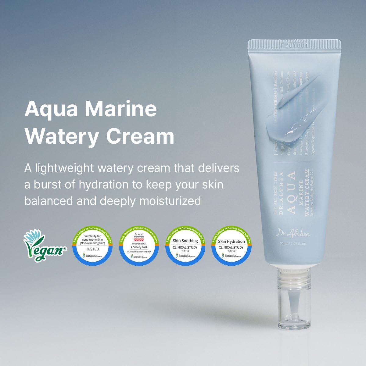 Aqua Marine Watery Cream tube with product description and benefits on a gray background