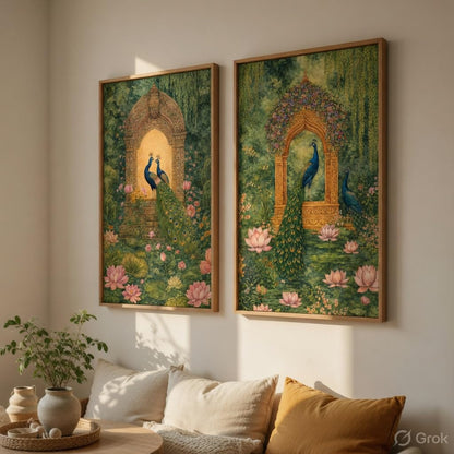 Royal Peacock Garden Wall Painting Set of 2 with Wooden Frames | Mughal Palace Peacock Artwork HD Sparkle Laminated MDF Wall Decor | Traditional Indian Wall Art for Living Room Bedroom