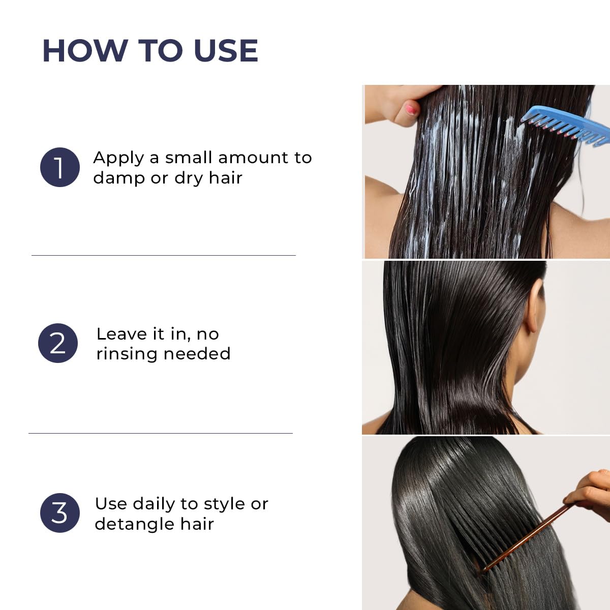 Instructions on how to use a hair product with images of application and results.
