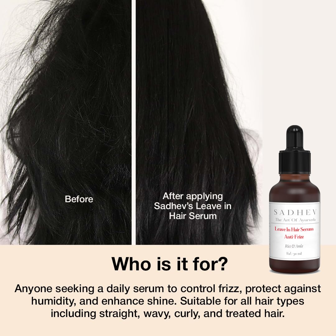SADHEV Ayurvedic Anti-Frizz Leave-In Hair Serum | Frizz-Free, Smooth & Manageable Hair | Powered by Rice & Amla with Haritaki, Curry Leaf & Tulsi | For Dry & Frizzy Hair | Lightweight, Non-Sticky | For Men & Women | 30ml