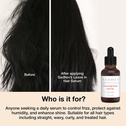 SADHEV Ayurvedic Anti-Frizz Leave-In Hair Serum | Frizz-Free, Smooth & Manageable Hair | Powered by Rice & Amla with Haritaki, Curry Leaf & Tulsi | For Dry & Frizzy Hair | Lightweight, Non-Sticky | For Men & Women | 30ml