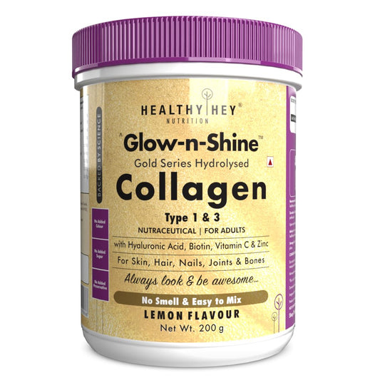 Zephivo HealthyHey Nutrition Skin Glow-N-Shine Collagen Powder 200G | Hydrolysed Collagen For Women And Men With Hyaluronic Acid, Biotin And Vitamin C For Healthy Skin, Hair And Nails - (Lemon, 200Gm)
