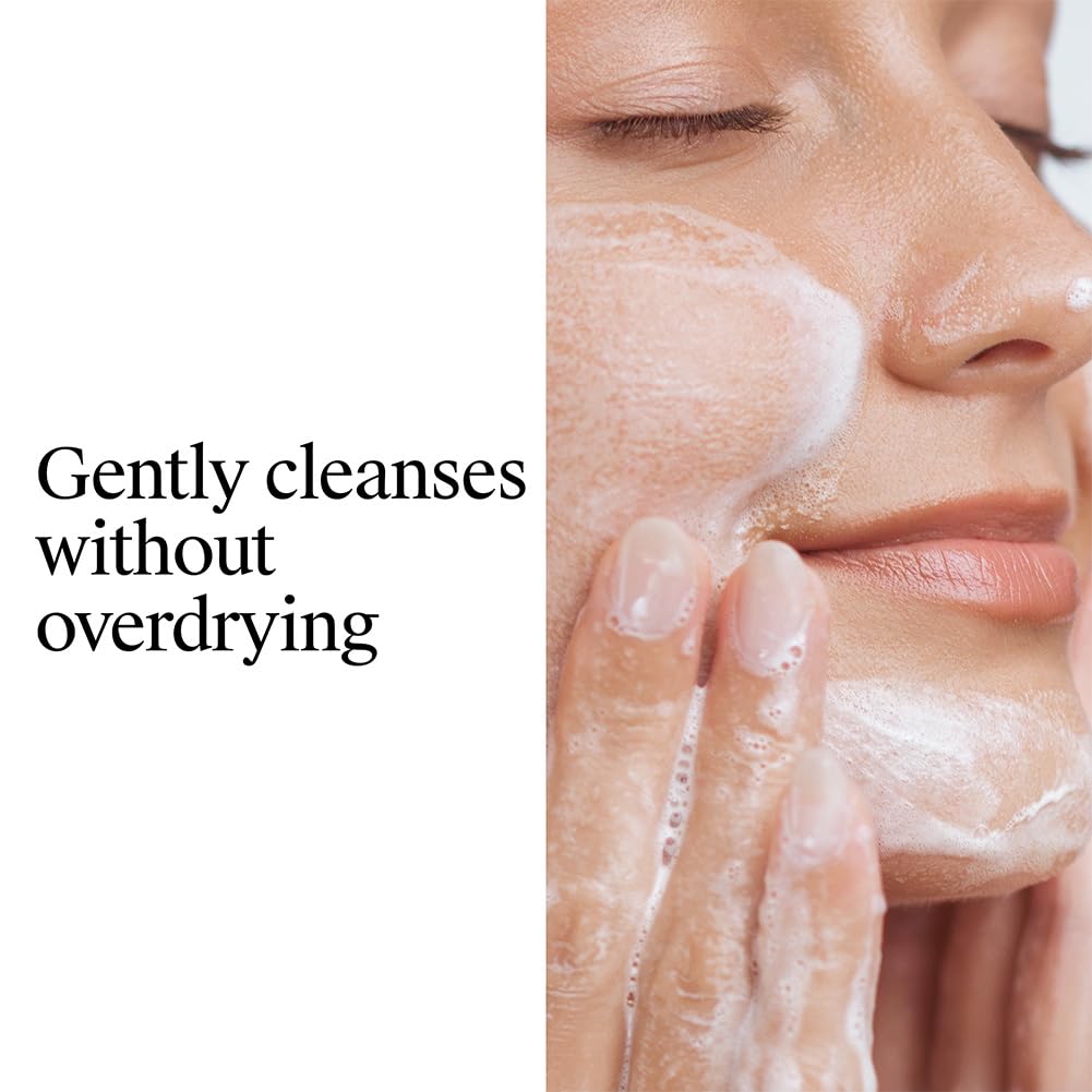 Close-up of a person applying a skincare product with text 'Gently cleanses without overdrying' on a white background.