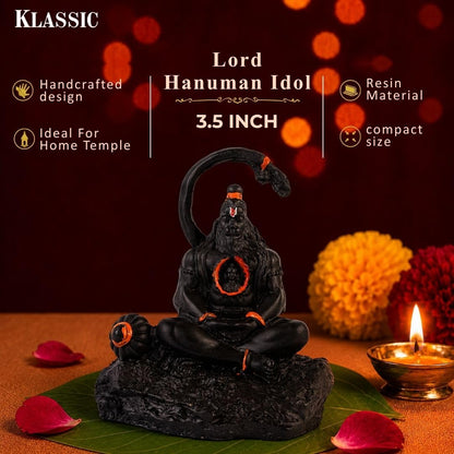3.5 Inch Meditating Lord Hanuman Idol | Black Finish Bajrangbali Murti with Ram in Heart Design, Gada & Mountain Base for Home Temple, Mandir, Office Desk & Car Dashboard