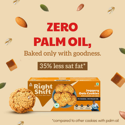Right Shift Jaggery Oats Cookies, 100g| No Palm Oil, High Fibre Digestive| 3X Oats| 0% Maida, Refined Sugar| With Nuts & Seeds| Anytime Snack