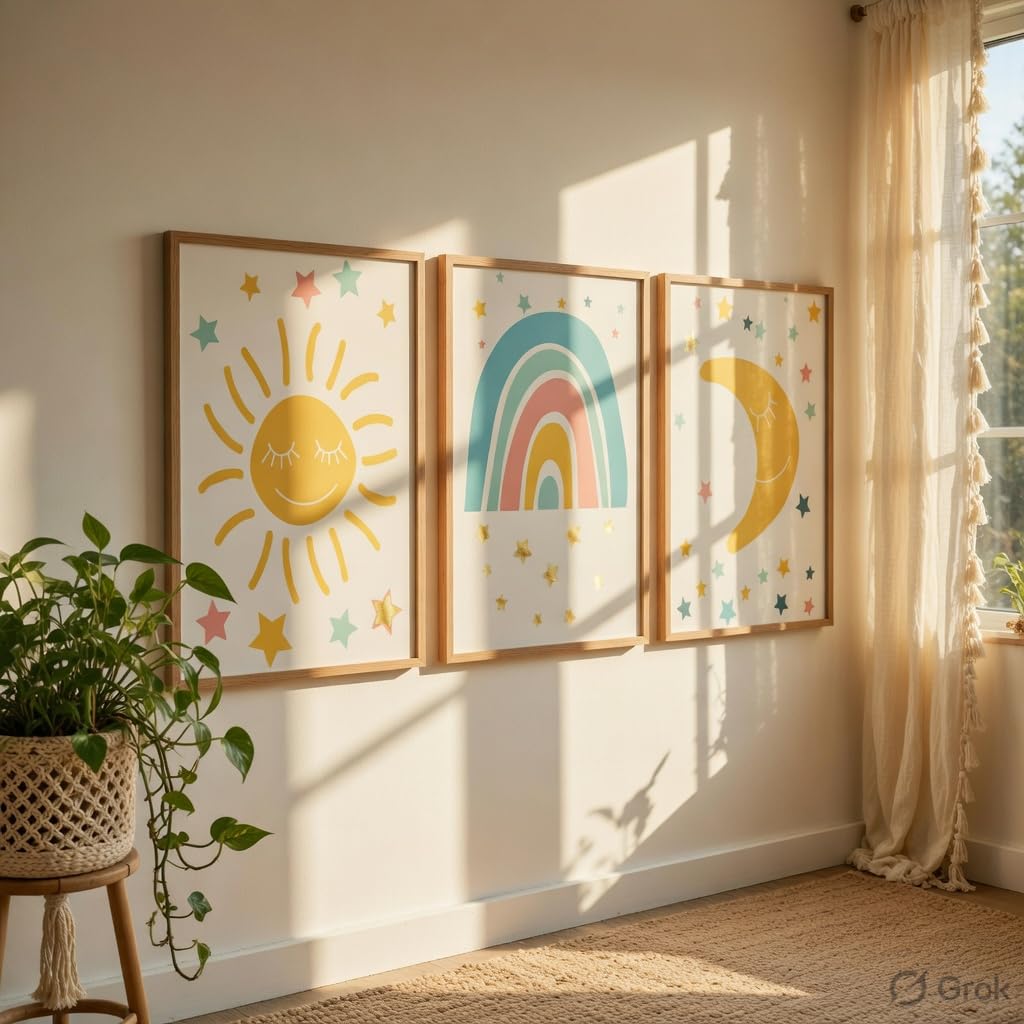 Kids Nursery Wall Painting Set of 3 with Wooden Frames | Sun Rainbow Moon Kids Room Wall Art | HD Sparkle Printed MDF Cartoon Wall Decor for Baby Room, Nursery, Playroom & Bedroom