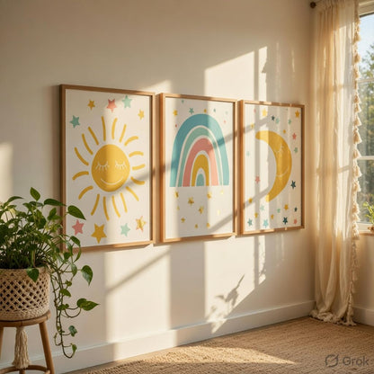 Kids Nursery Wall Painting Set of 3 with Wooden Frames | Sun Rainbow Moon Kids Room Wall Art | HD Sparkle Printed MDF Cartoon Wall Decor for Baby Room, Nursery, Playroom & Bedroom