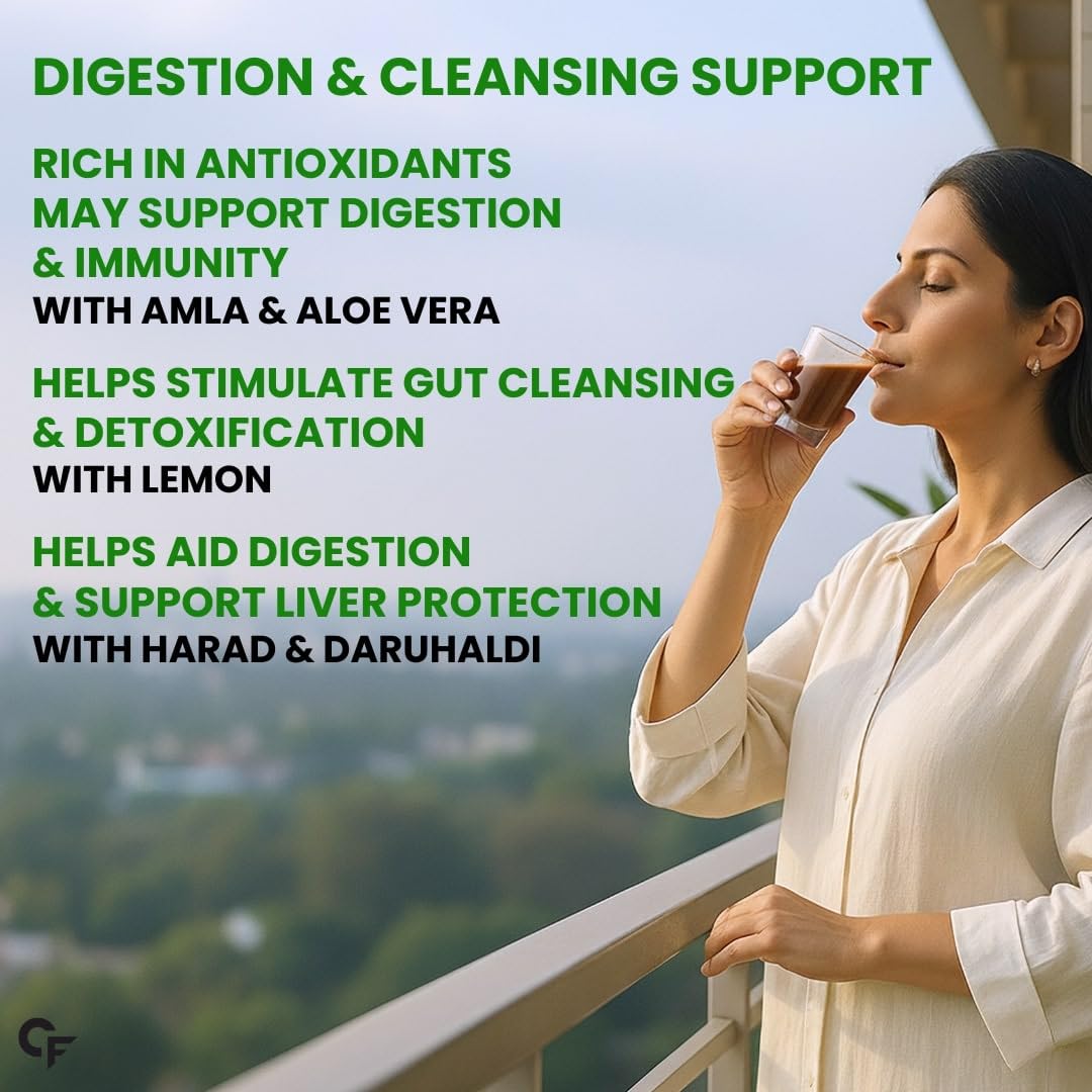 Woman drinking a beverage on a balcony with text about digestion and cleansing support.