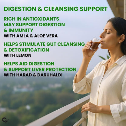 Woman drinking a beverage on a balcony with text about digestion and cleansing support.