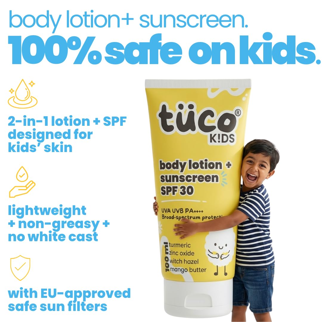 Tuco Kids SPF 30 Sunscreen Lotion for Kids, Body & Face, PA++++, 100ml | UVA/UVB Broad Spectrum. Turmeric & Mango Butter. No Benzophenone-3 or Avobenzone. Water Resistant. Safe for Ages 5-15.