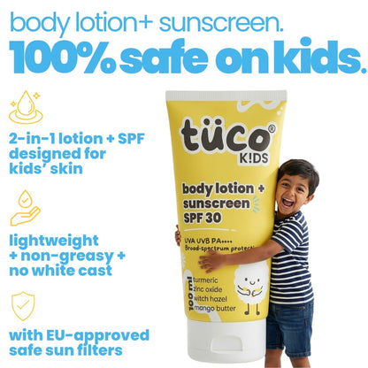 Tuco Kids SPF 30 Sunscreen Lotion for Kids, Body & Face, PA++++, 100ml | UVA/UVB Broad Spectrum. Turmeric & Mango Butter. No Benzophenone-3 or Avobenzone. Water Resistant. Safe for Ages 5-15.