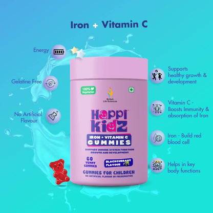 Happi Kidz Iron + Vitamin C Gummies For Kids-(60 Gummy Bears) -Supports Immune system function, Helps build red blood cells & overall growth and development | Strawberry Flavour | | Lab tested for purity