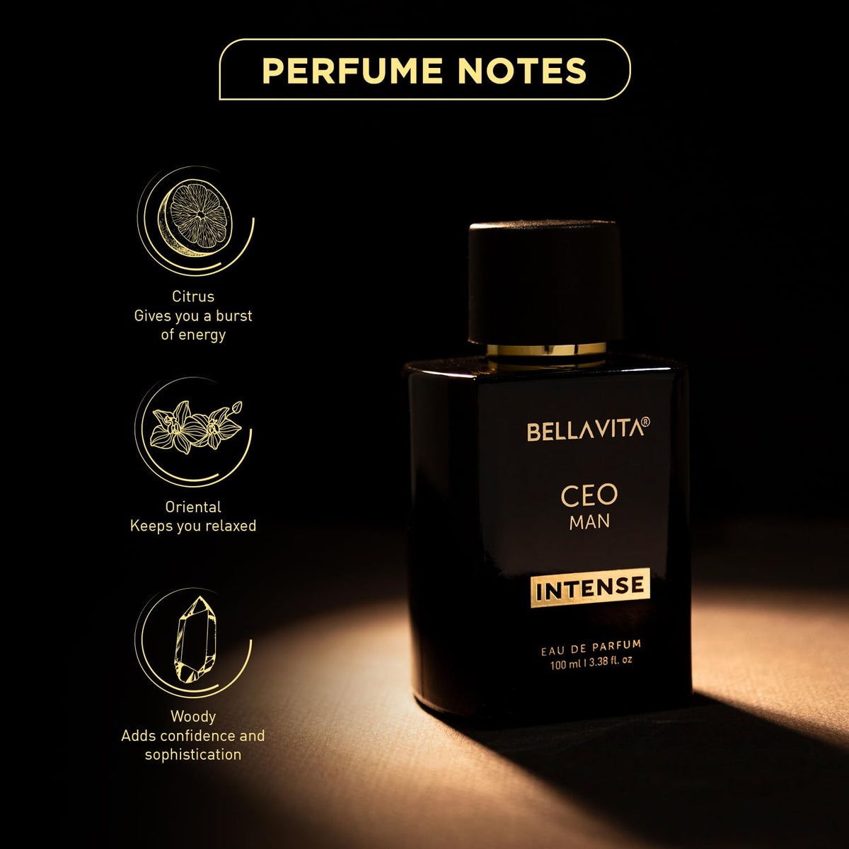 Bellavita CEO Man Intense perfume bottle with notes on a dark background