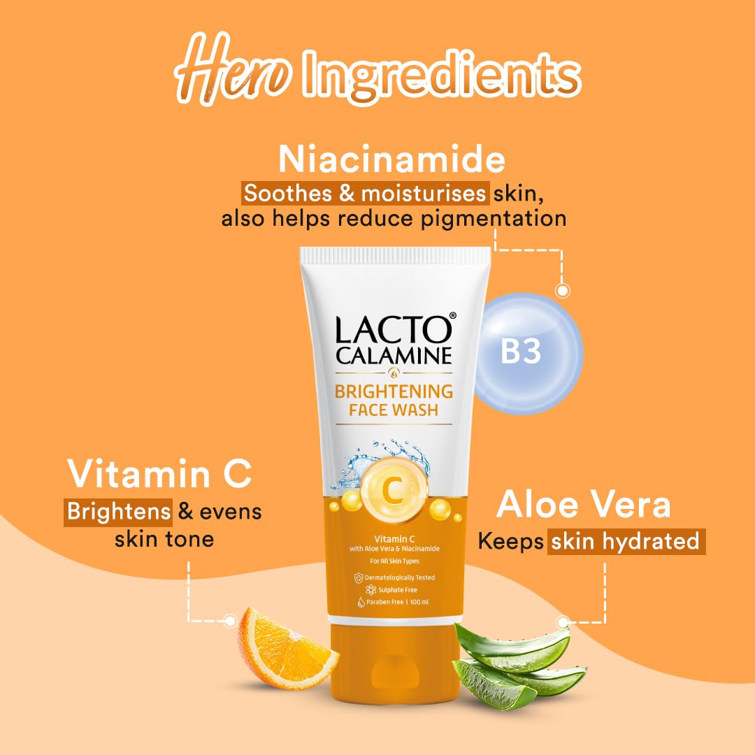 Lacto Calamine Vitamin C Face Wash | Pack of 1 x 100ml | Aloe Vera & Niacinamide Face Wash for Glowing Skin | Facewash that Exfoliates Skin & Reduces Pigmentation | No Parabens, No Sulphates