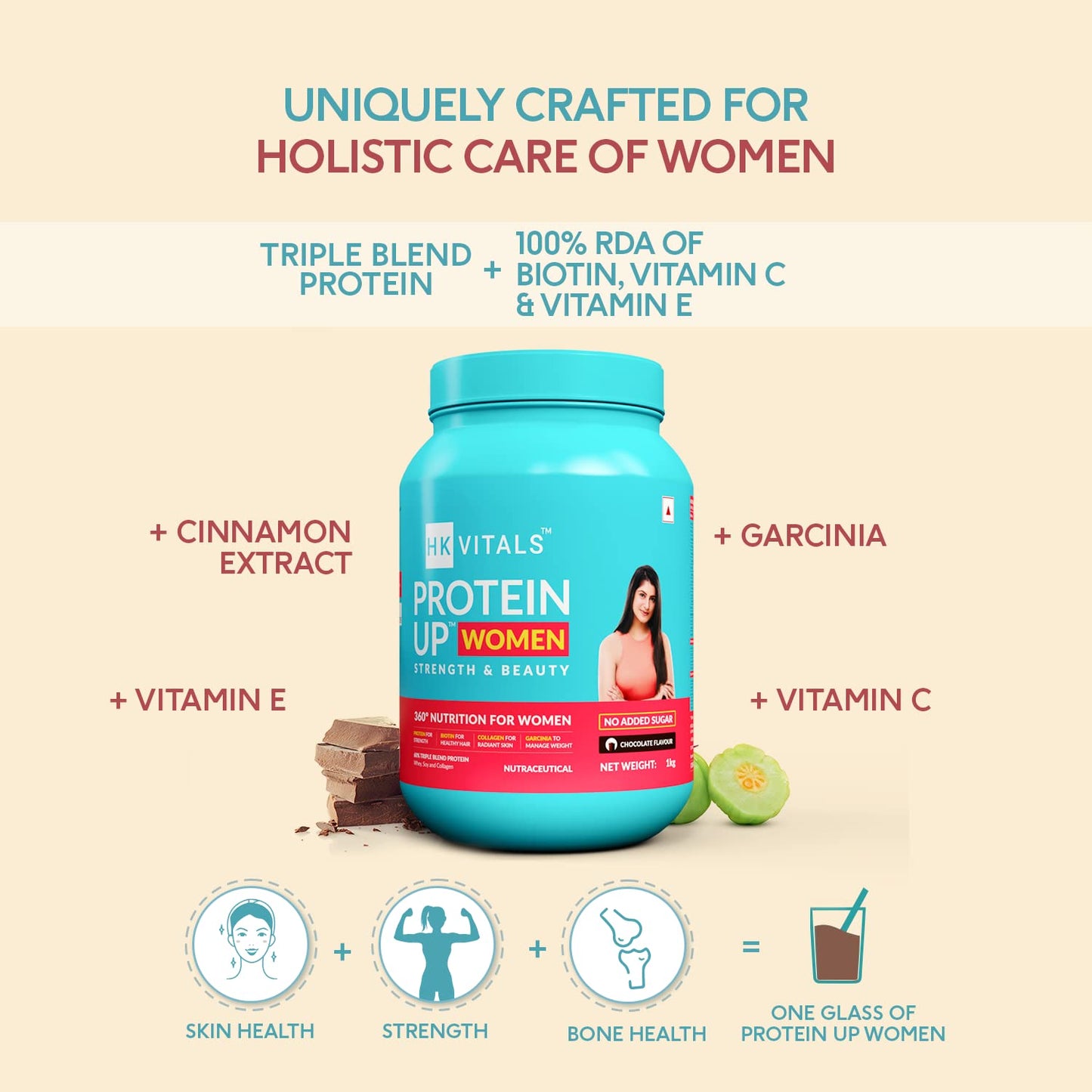 HealthKart HK Vitals ProteinUp Women with Soy (Chocolate, 1kg / 2.2lbs) | Whey Protein, Collagen, Vitamin C, E & Biotin | For Strength & Beauty