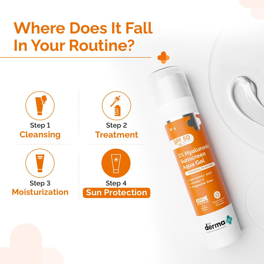 The Derma Co 1% Hyaluronic Sunscreen Aqua Gel SPF 50 PA++++ | Hyaluronic Acid for Deep, Long Lasting Hydration | Ultra Lightweight Texture I Non-Greasy, No White Cast | Broad Spectrum Protection & Blue Light Protection| 50 g