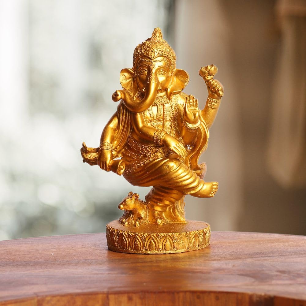 Gold Plated Eco-Friendly Dancing Ganesha Idol Figurine | Polyresin Ganpati Statue | for Table, Living Room, Home Decoration