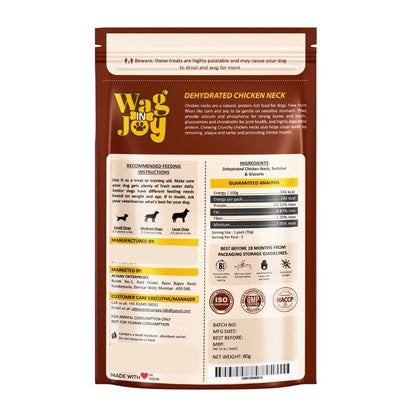 WAG IN JOY Dehydrated Chicken Neck Dog Treats | High Protein Natural Chews | Grain-Free, No Fillers | Supports Dental Health & Strong Bones | 100% Natural | 70g