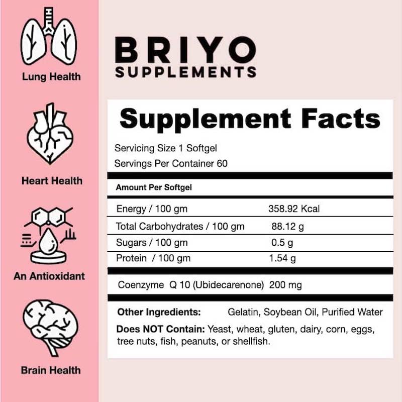 Briyo CoQ10 200 mg Ubiquinone – High Absorption Coenzyme Q10 Supplement for Heart Health, Energy & Antioxidant Support – Naturally Fermented, Gluten-Free – 60 Capsules