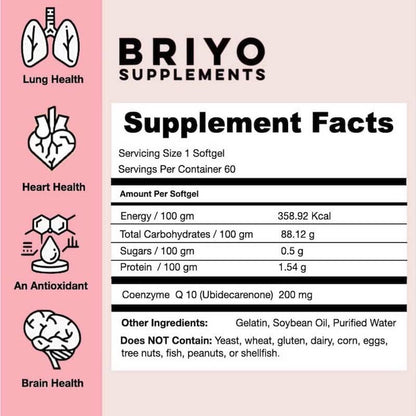 Briyo CoQ10 200 mg Ubiquinone – High Absorption Coenzyme Q10 Supplement for Heart Health, Energy & Antioxidant Support – Naturally Fermented, Gluten-Free – 60 Capsules