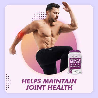 Man flexing muscles with a bottle of Omega 3 Fish Oil for Men on a gradient background