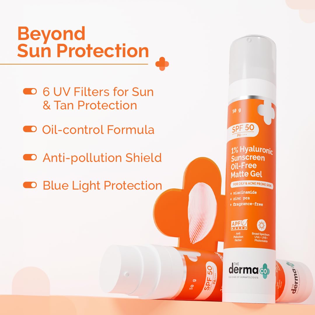 The Derma Co 1% Hyaluronic Sunscreen Oil-Free Matte Gel SPF 50 PA++++ | For Oily, Acne-Prone Skin | Lightweight Texture | No White Cast | Broad Spectrum Protection & Blue Light Protection | Non- Comedogenic 50g
