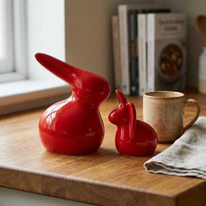Home Décor Ceramic Rabbit Figurines (Set of 2, Red Color)
