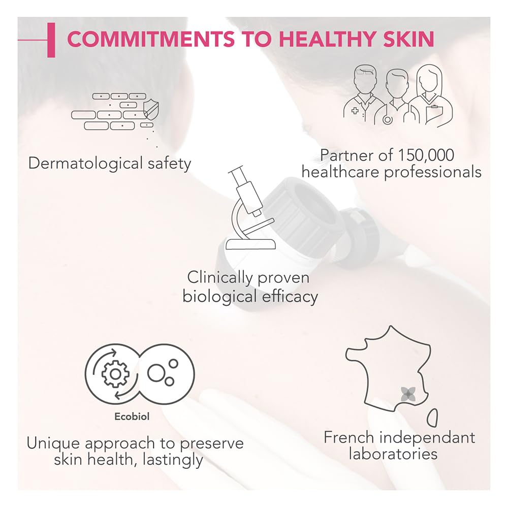 Product packaging with text highlighting commitments to healthy skin, including dermatological safety and clinical proven efficacy.