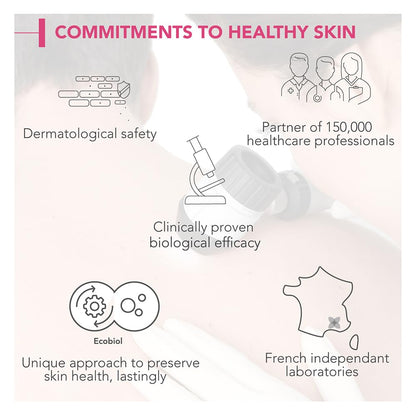 Product packaging with text highlighting commitments to healthy skin, including dermatological safety and clinical proven efficacy.