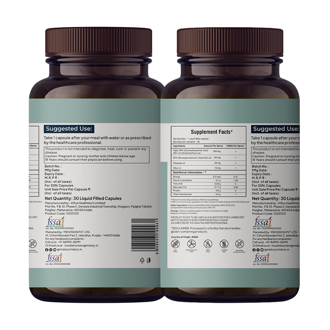 Miduty Veg Omega-3 500mg | 40% Algal DHA + EPA | High-Potency Plant-Based Omega-3 | No Fish Oil, No Fishy Burps | Veg Capsules for Men & Women - 30 Capsules
