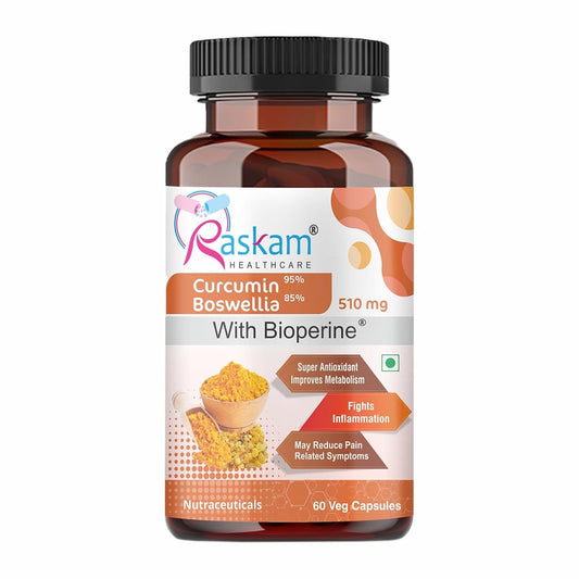 Bottle of Raskam Healthcare Curcumin Boswellia supplement with Bioperine on a white background