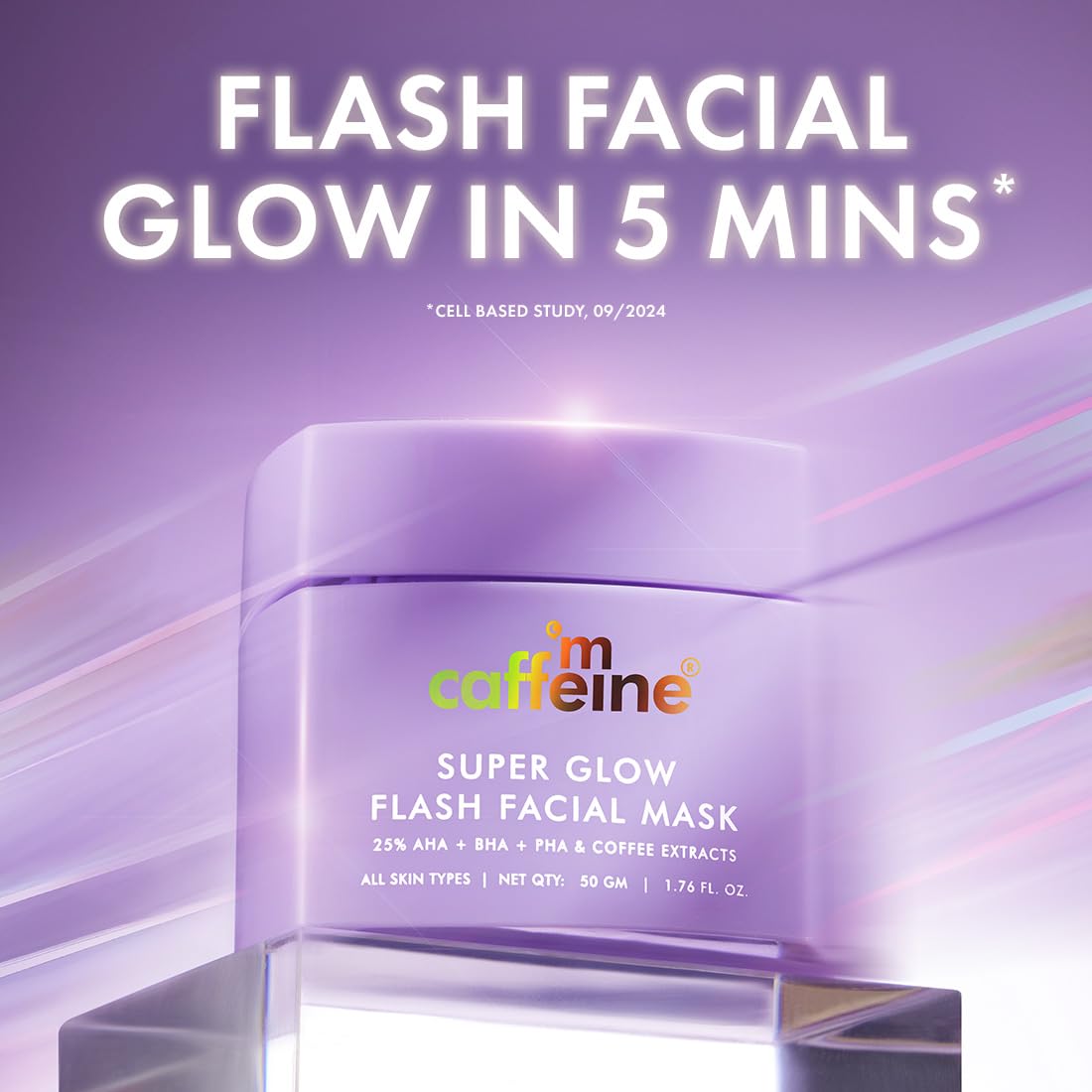 Caffeine skincare product with text 'Flash Facial Glow in 5 Mins' on a purple background