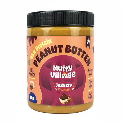 Nutty Village Jaggery Peanut Butter Crunchy with 25g Protein - Healthy Snack for Breakfast spread - No Palm Oil - Vegan and Gluten free - No Cholestrol - 325g Peanut Butter