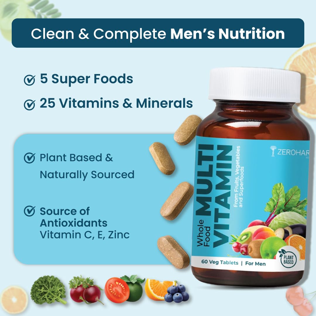 ZEROHARM Multivitamin Tablets for Men | Whole Food Multivitamin with Essential Vitamins A, B, C, D, E & Iron, Zinc, Magnesium | Daily Supplements for Immunity & Energy Support | 60 Veg Tablets